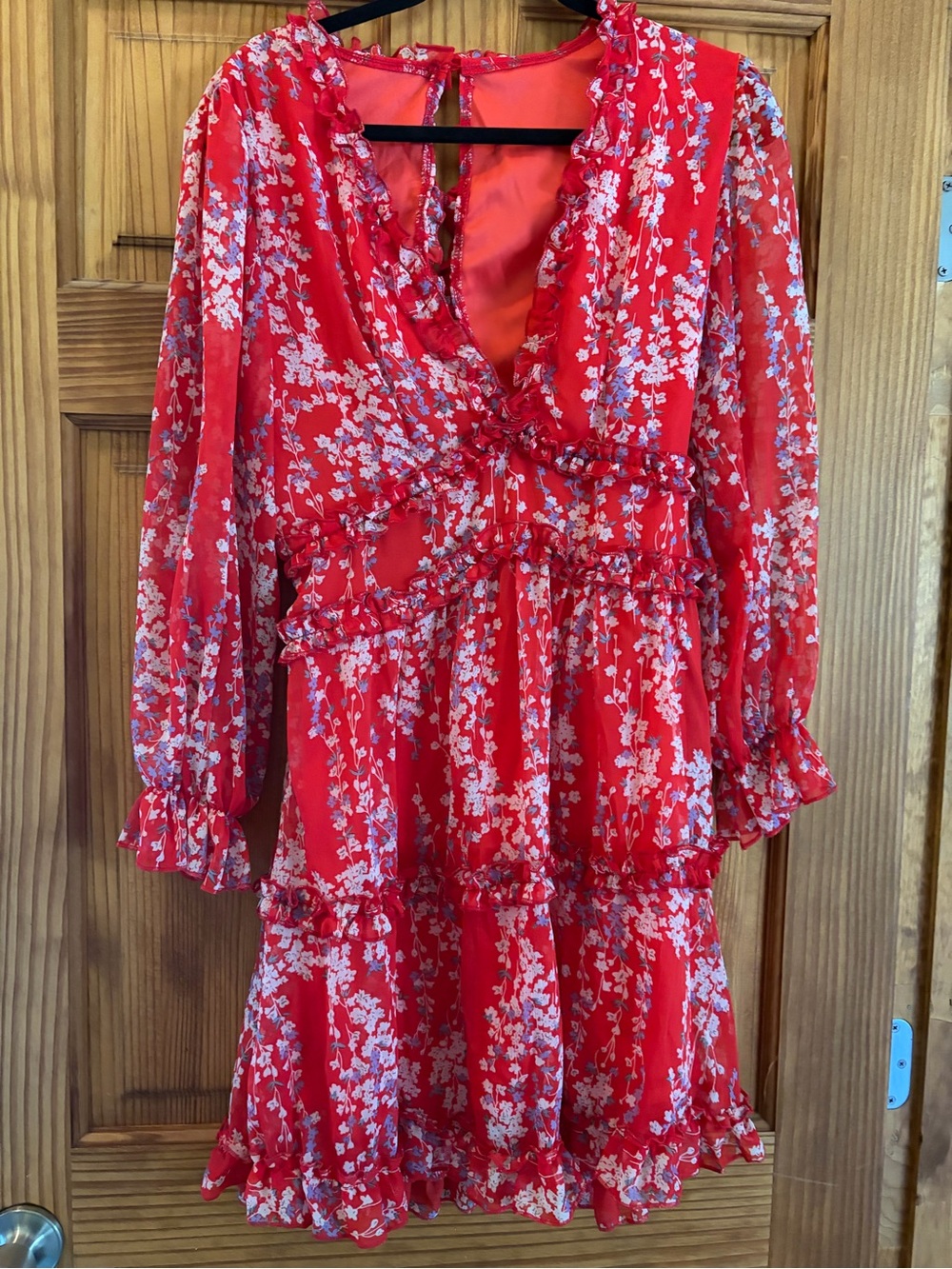 Red Floral Ruffled Chiffon Dress